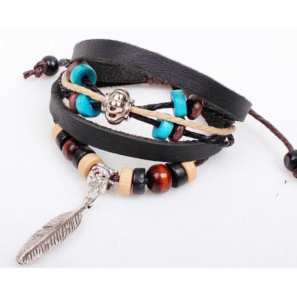 Buy Wooden bead bracelet cowhide leather feather Indian style jewelry wholesale at wholesale prices