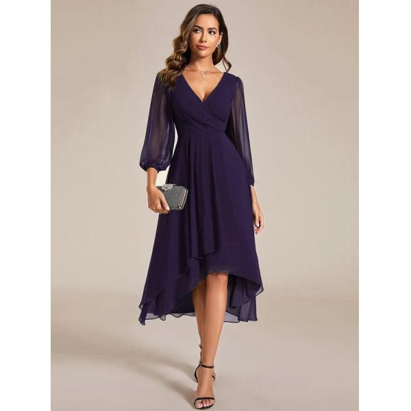 Elegant Empire Long Sleeve V-neck High Low A-line Ruffled Midi Dark Purple Chiffon Wedding Guest Cocktail Dress