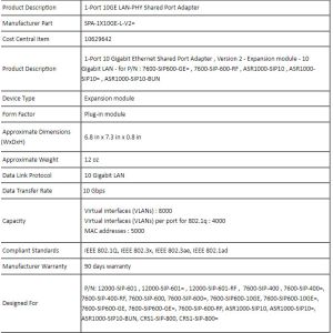 Original SPA-1X10GE-L-V2 1 Port 10 Gigabit Ethernet Shared Port Adapter Module