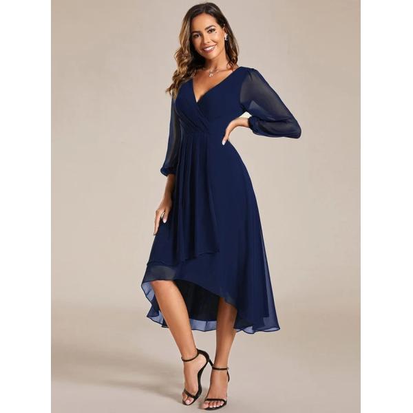 Elegant Empire Long Sleeve V-neck High Low A-line Ruffled Midi Navy Blue Chiffon Wedding Guest Evening Dress