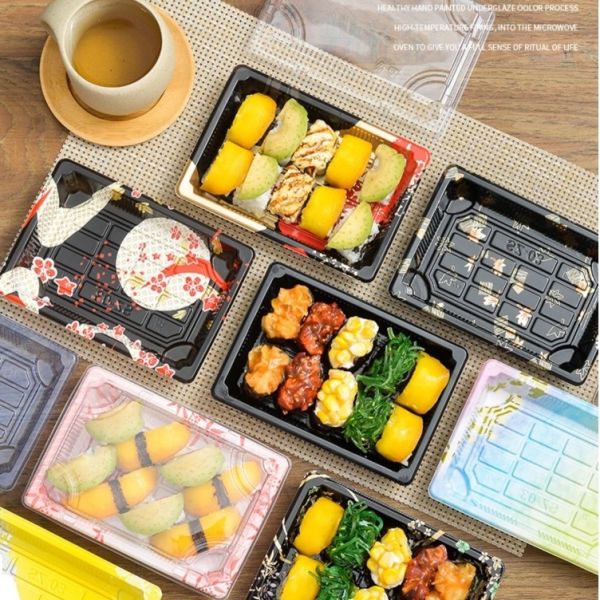 Buy Custom Cake Packaging Transparent Disposable Takeout Sushi Tray Rectangular Plastic Sushi Food Packing Tray Sushi Box with Lid at wholesale prices