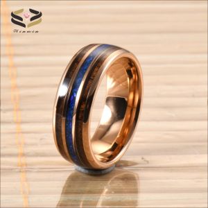 Rose Gold Plated Tungsten Carbide Ring with Koa Wood and Blue Opal Inlay Unisex