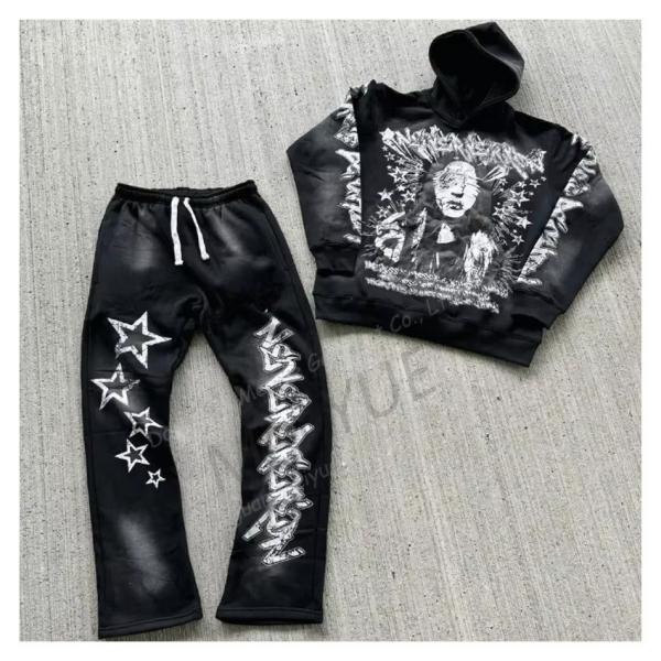 Buy Top Fashion Screen Printing Oversized Acid Wash Distressed Hoodies Stacked Flared Sweatpants and Hoodie Tracksuit for Men at wholesale prices