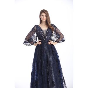 Fishtail Long Prom Party Dress Mermaid Half Sleeves Embroidered Dress