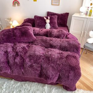 200TC Thread Count Purple Color Luxury Shaggy Warm Mink Velvet Bedding Set for