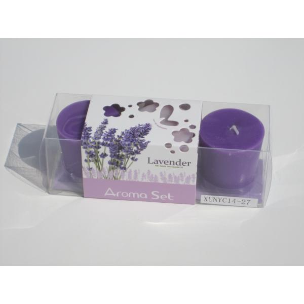 Buy 3pk  purple & pink  lavender fragrance assorted  pillar candle with printed wrapping  label packed into clear box at wholesale prices