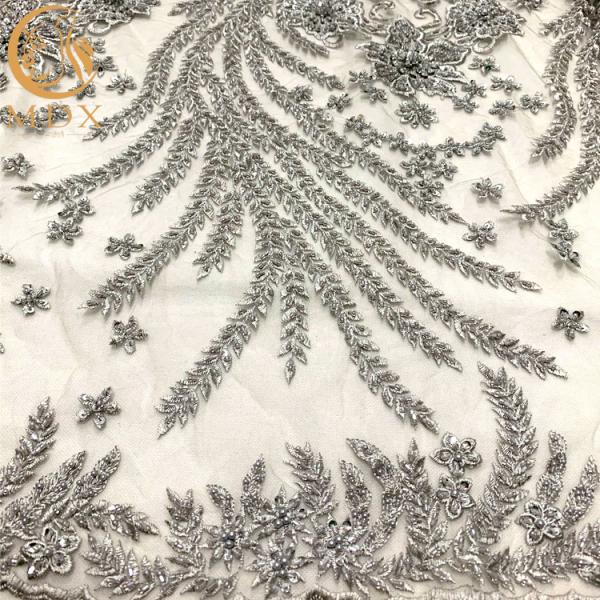Grey Heavy Handmade Beaded Lace Fabric For Fashion Show Dresses