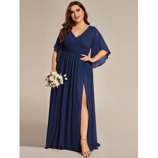 Empire Plus Size V-neck Ruffled A-line Invisible Zipper Half Flutter Sleeves Navy Blue Chiffon Graduation Dress