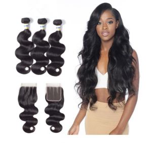 100% Virgin Brazilian Wavy Long Hair Bundles Three Part 4 X 4 Closure