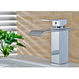 Waterfall Spout Bathroom Vanity Faucets , Bathroom Basin Mixer Counter Mounted