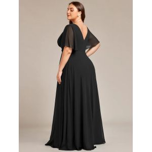 Simple V-neck Zipper Short Sleeves Empire Waist A-line Maxi Ruffled Black