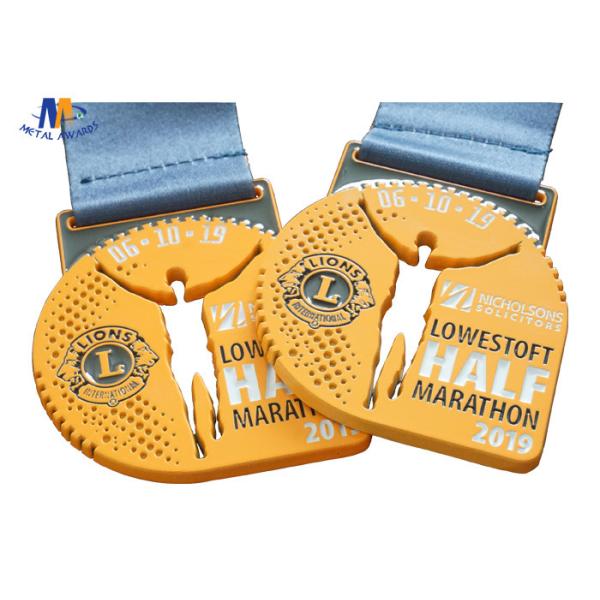 Round Custom Sports Medals / Spray Yellow Cut Out And Soft Enamel Medailles With Heat Transfer Ribbon
