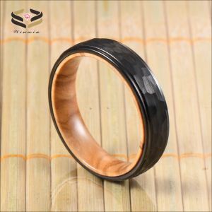 6mm Hammered Black Tungsten Carbide Ring with Olive Wood Liner A Perfect