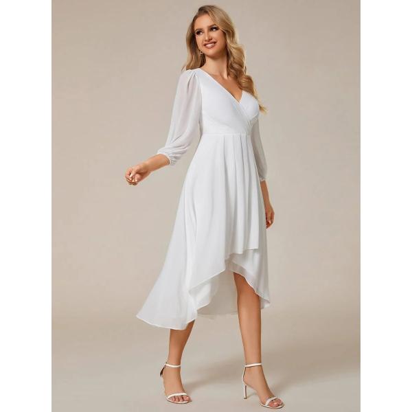 Elegant Empire Long Sleeve V-neck High Low A-line Ruffled Midi Hot Pink Chiffon Wedding Guest Party Dress