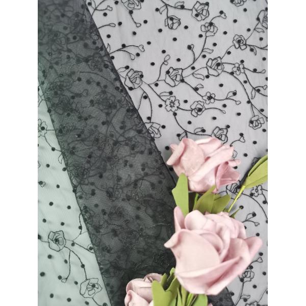 Buy Fancy Tulle Flocked Lace Fabric Black Flower Embroidered Fabric at wholesale prices