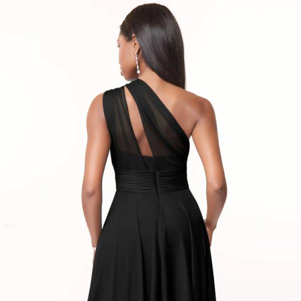 Sexy Plus Size A-Line One-Shoulder Chiffon Floor-Length Bridesmaid Dress Black Sleeveless Back Zipper Pleated