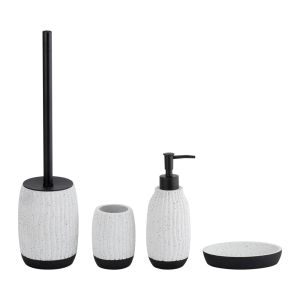 Cement Bathroom Accessories Set White With Black Print And Ribbed Vertical Stripe Hand Soap Dispenser Pump Toilet Brush Cleaner