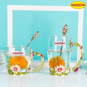 330ml 350ml Decorated Enamel Glass Cup BPA Free With Spoon
