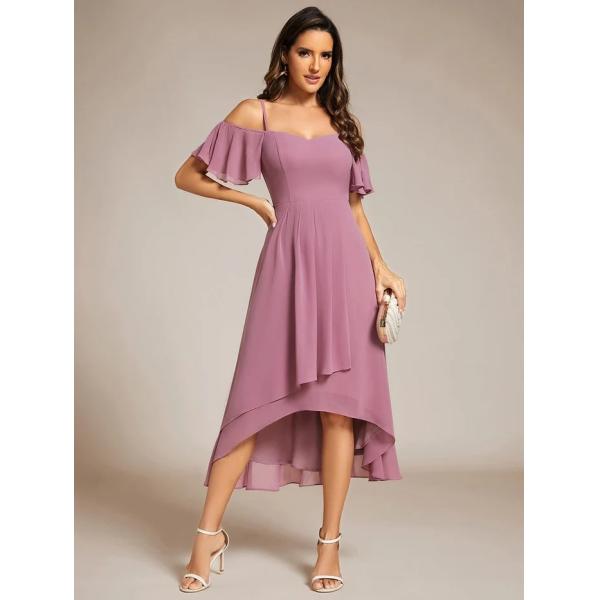 Empire Off-shoulder Spaghetti Strap Zipper High-low Wedding Guest Dresses Short Sleeves Dusty Navy Chiffon Evening Dress