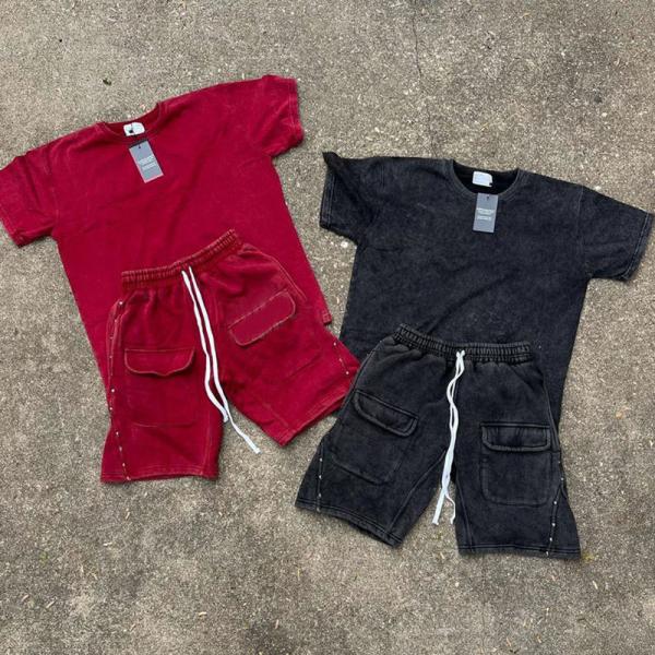 Custom Summer Casual Acid Wash T Shirts and Cargo Sweatsuit Tracksuit Vintage Applique Embroidered Shirt and Shorts Set for Men