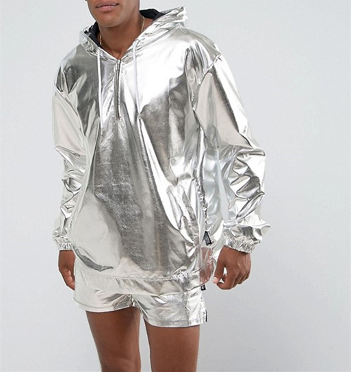 Buy Sliver Foil Windproof Mens Overhead Jacket , Reflective Hooded Windbreaker at wholesale prices
