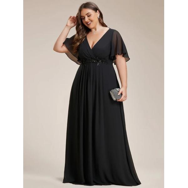 Empire Plus Size Applique Short Sleeve A-line V-neck Flutter Sleeves Invisible Zipper Black Chiffon Evening Dress