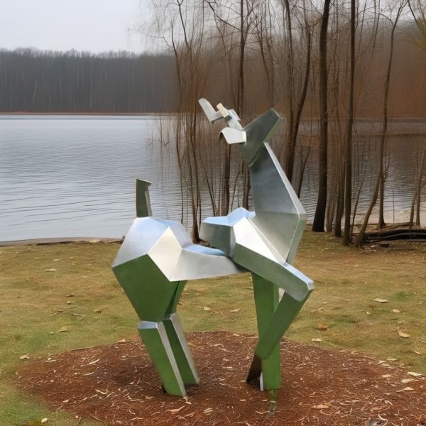 Outdoor Geometric Deer Statue Modern Stainless Steel Yard Art Ornament