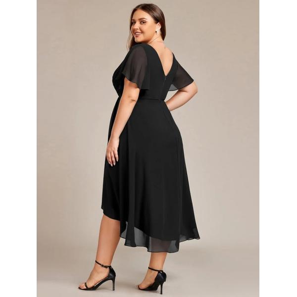 Empire Plus Size V-neck High-low A-line Short Sleeve Ruffled Black Chiffon Wedding Guest Cocktail Dress