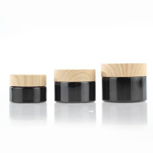 Black Matte Glass Jars 50g Cosmetic Packaging Set Bamboo Color Screw Cap