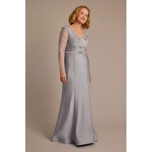 Sexy Illusion Long Sleeves Appliqued Mermaid Plus Size V-neck Silver Satin Mother Of The Bride Dress