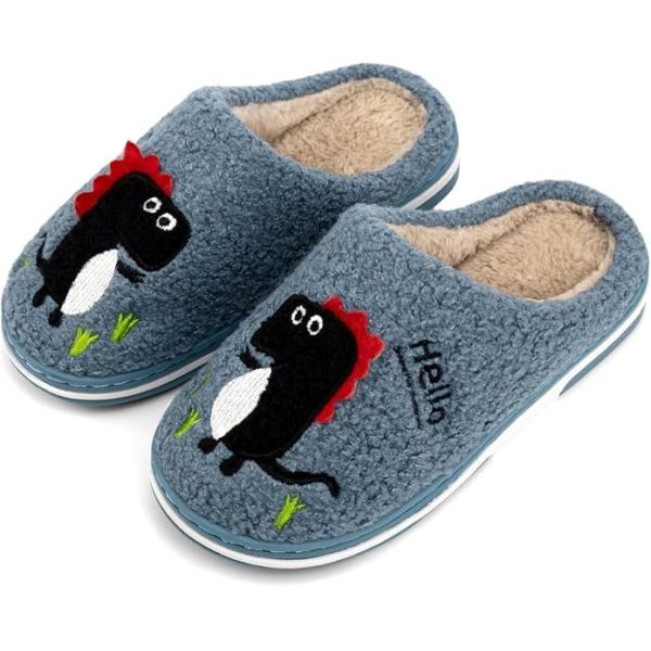 Fun DIno Featured Kids Slippers Warm Faux Fur Lining for Winter Comfort