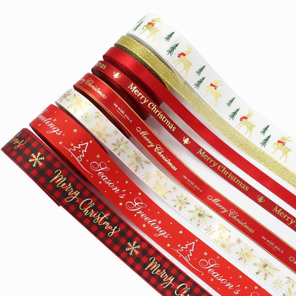White red grosgrain merry Christmas snowflake printed christmas wire edge ribbon roll set