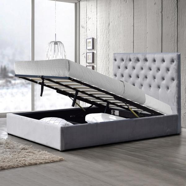 Modern King Size Upholstered Storage Bed Grey Crush Velvet With High Headboard