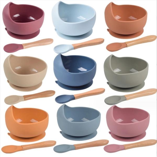 Non-Spill Waterproof Silicone Baby Feeding Bowl with Food Grade Spoon and Spoon Set