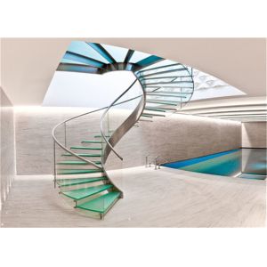 Rubber Wood Tread Curved Glass Staircase With Standoff Glass Railing