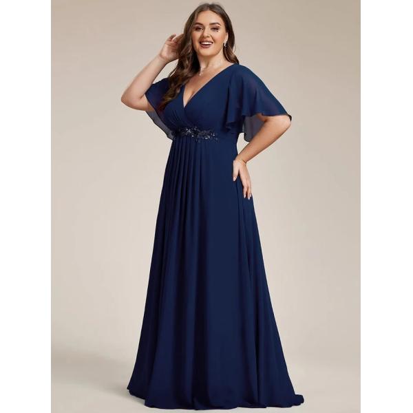 Empire Plus Size Applique Short Sleeve A-line V-neck Flutter Sleeves Invisible Zipper Navy Blue Chiffon Evening Dress