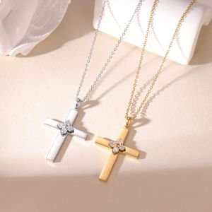 Quality Stainless Steel Cross Pendant Necklace with Clear Zircon Stone Flower for sale