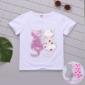 Kids Short Sleeved Cotton Sequins Summer Clothing Double Sided Color Changing