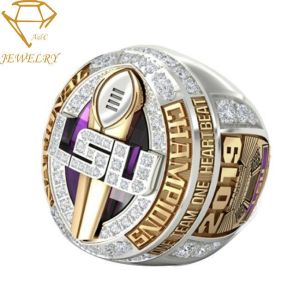 Gold Engraved Custom Football Championship Rings Bezel Setting
