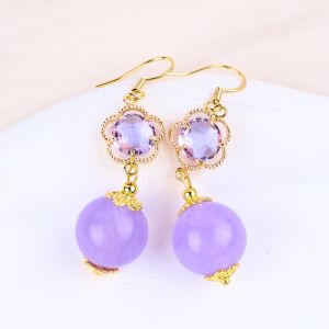 Handmade Crystal Stone Earrings Purple Chalcedony Gemstone Beaded Pendant