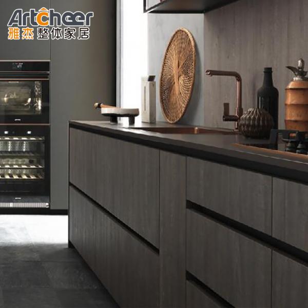 Customized Color Aluminium Kitchen Cabinets with Flat Edge Countertop and Dining Table