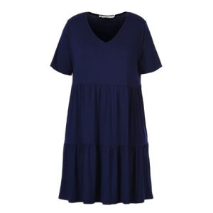 Short Sleeve Simple Ladies Plus Size Dresses Pleated Ladies Dress With V Neck