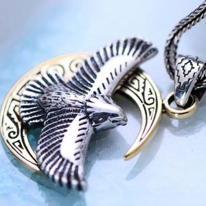 Two Tone Silver Retro Necklace with Crescent Eagle Pendant(XH047444)