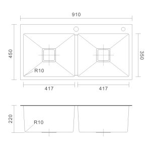 18 Gauge Topmount Stainless Steel Kitchen Sink Cabinet Double Bowl 91x45