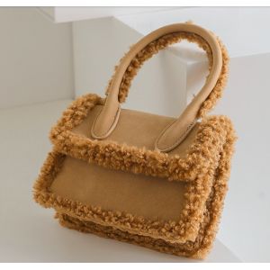 18cm Womens Leather Bag Lamb Wool Plush Brown Suede Handbag