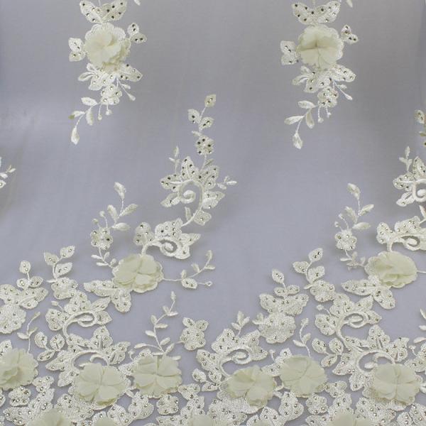 3D Floral Lace Fabric With Beaded Embroidered Polyester Fiber For Party Gowns