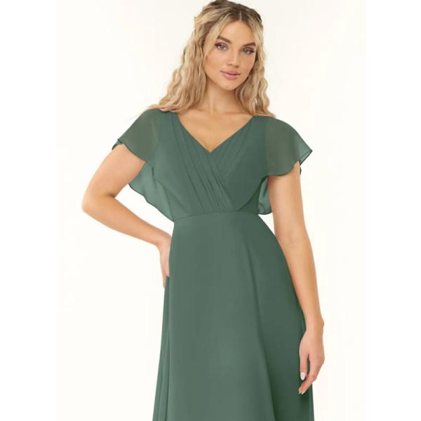 Customized Plus Size Elegant Pleated Chiffon Long Bridesmaid Dress A-Line Short Sleeves V-Neck Keyhole Back