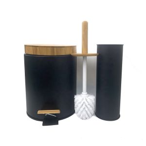 Black 5L Pedal Garbage Can Pedal Bin Toilet Brush Holder With Wooden Lid