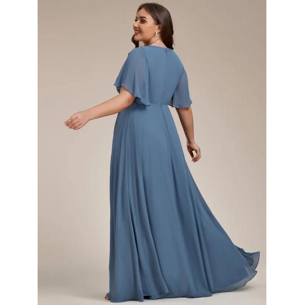 Empire Plus Size Applique Short Sleeve A-line V-neck Flutter Sleeves Invisible Zipper Dusty Navy Chiffon Bridesmaid Dres