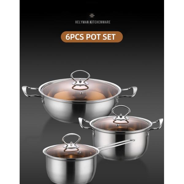 Amazon Top Seller Multipurpose 6Pcs Flat Bottom Milk Soup Pot Stainless Steel Cookware Sets With Glass Lid